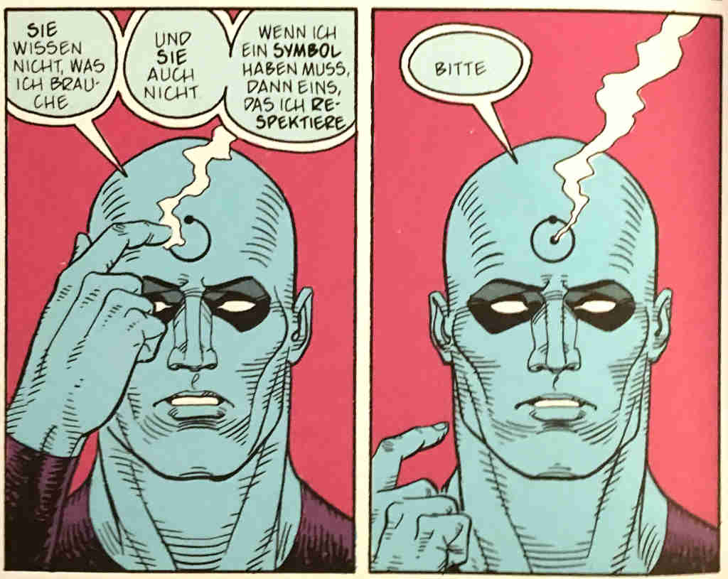 Panels mit Dr. Manhattans Atom-Symbol auf der Stirn