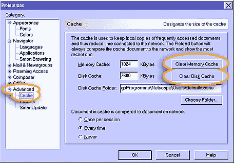 Einstellungsfenster fürs Cache Netscape 4.x